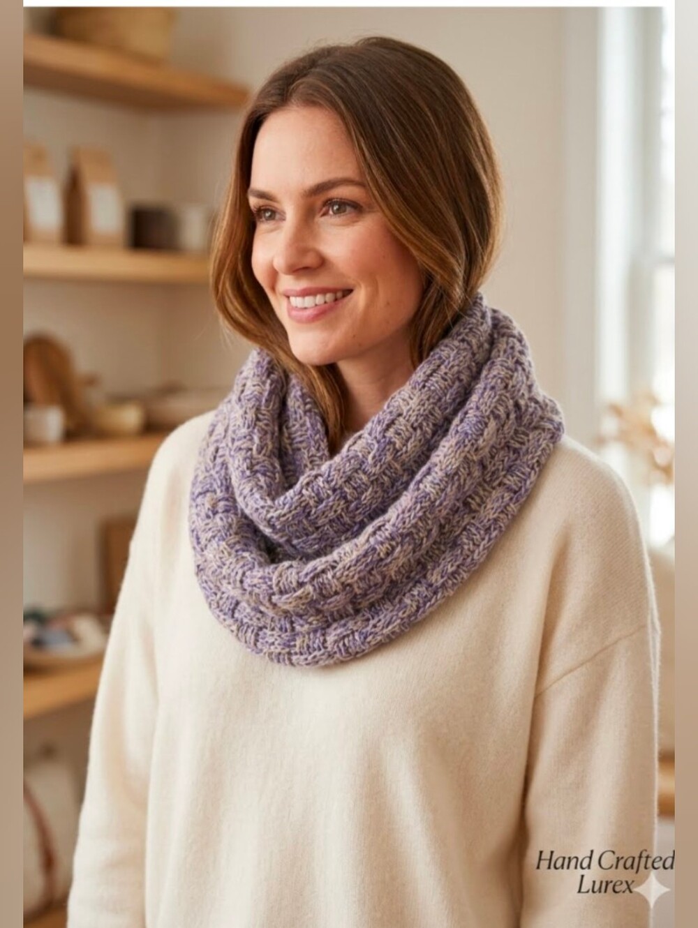 Hand Knit Basket Weave Scarf Hood Purple Tan Lurex